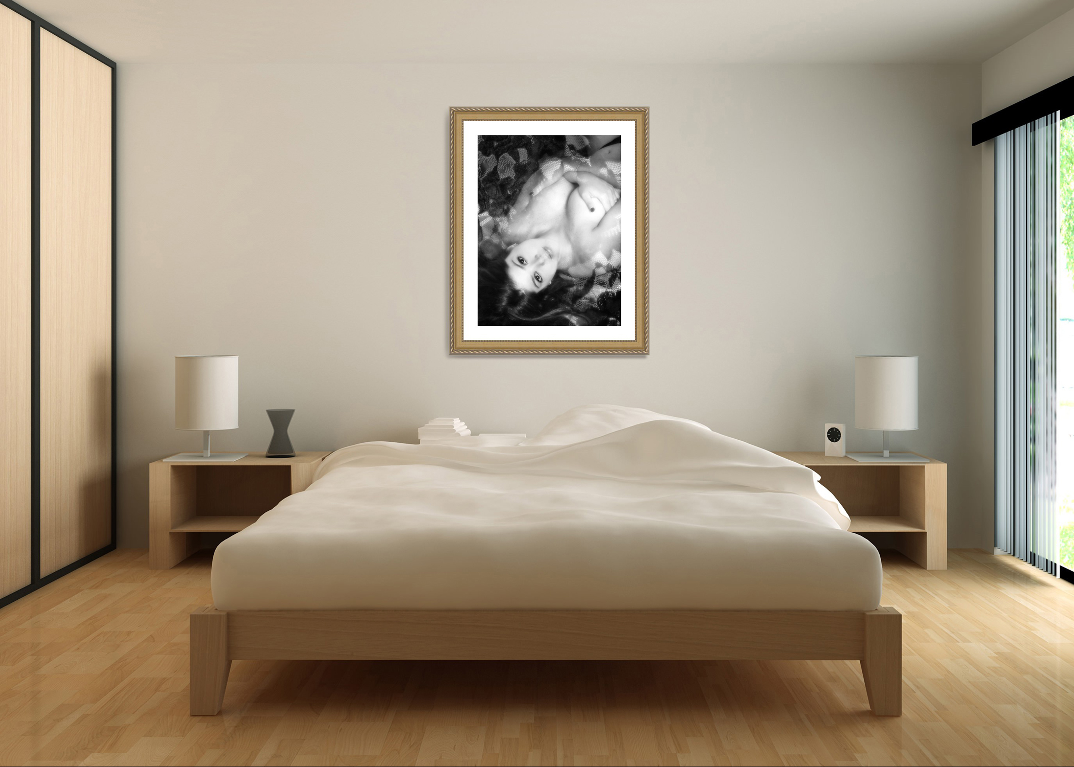 Boudoir Photo displayed in a bedroom designed by Mary Quinn Photography in Marlton, New Jersey.