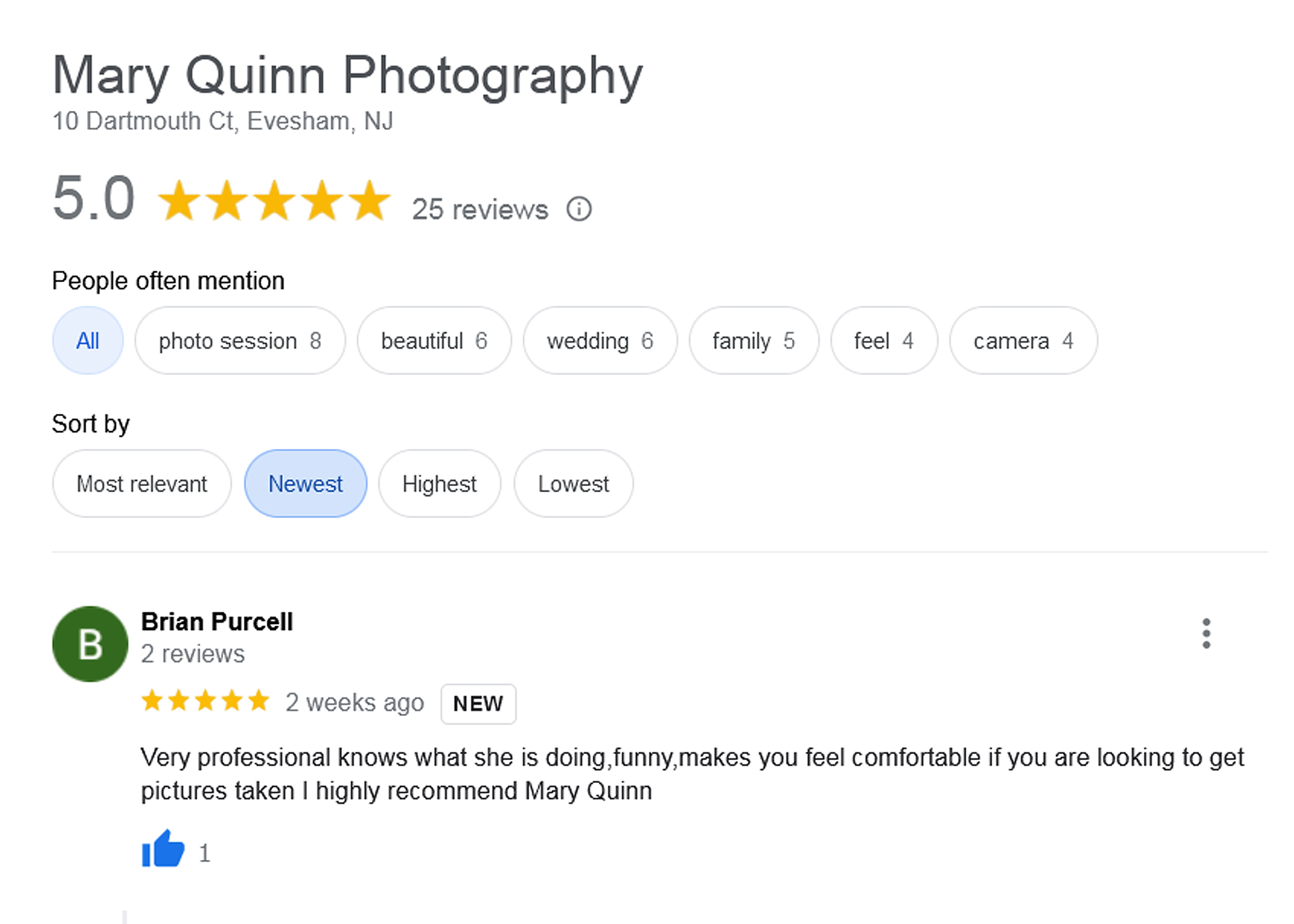 Google review for Mary Quinn Photography Inc in Marlton, New Jersey.
