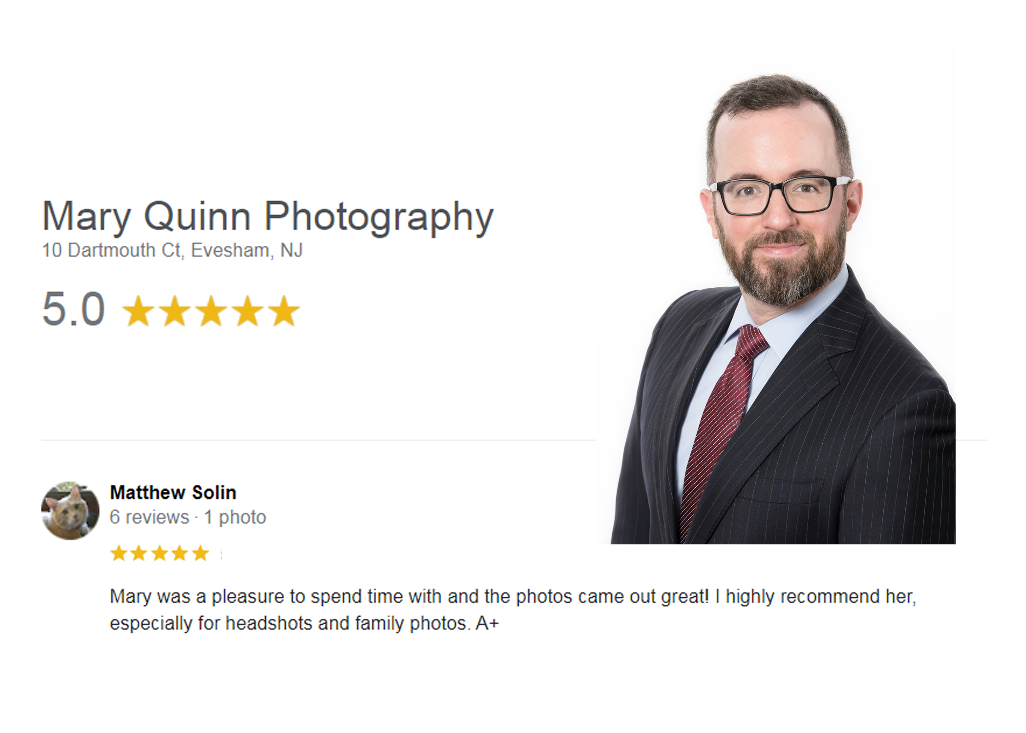 A review for a Headshot Photographer in a Marlton, New Jersey Studio with Mary Quinn Photography Inc.